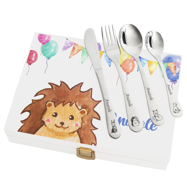 Coffret couverts personnalisés ballons et animaux - bois blanc