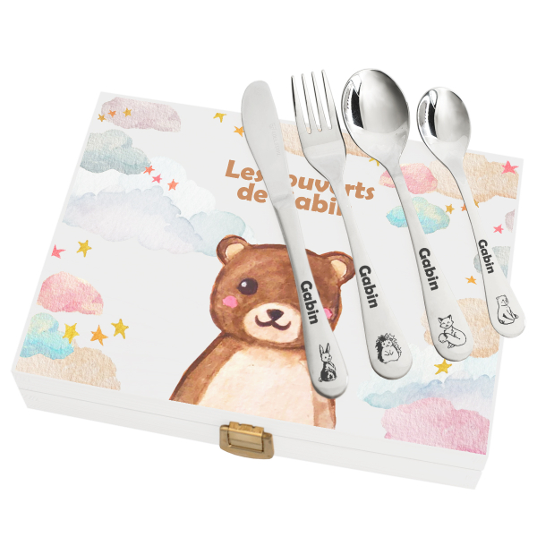 Coffret couverts personnalisés nuages et animaux bois blanc