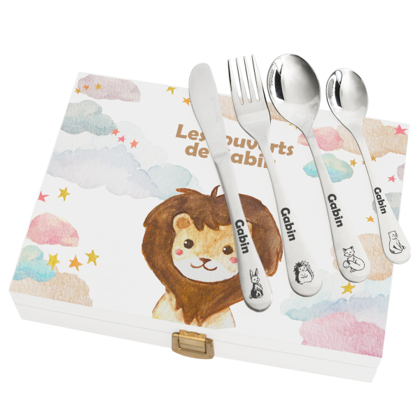 Coffret couverts personnalisés nuages et animaux bois blanc