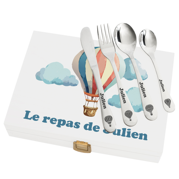 Coffret blanc montgolfière et ses couverts personnalisés